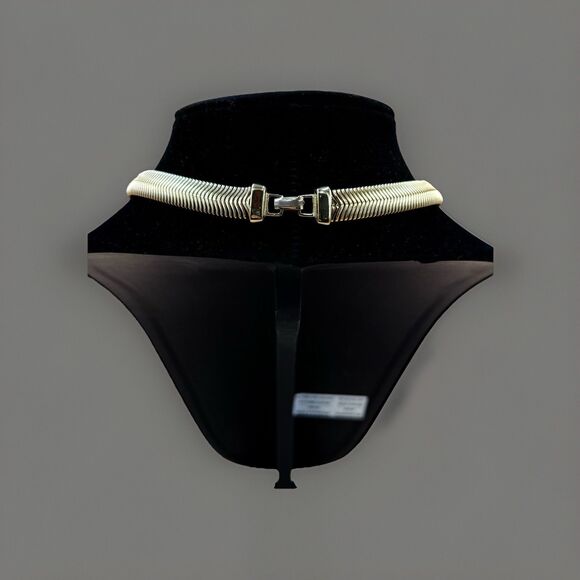 Vintage Gold Tone Collar Necklace With Ivory Chevron Accent, 1980s Statement - Picture 5 of 5